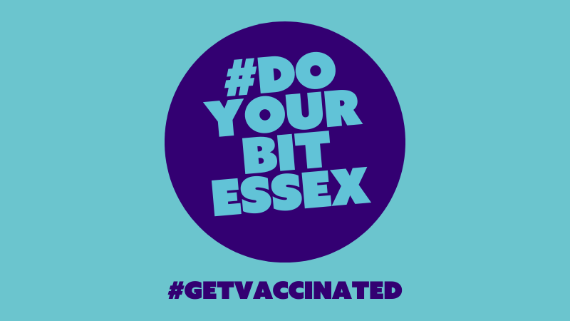 Purple circular graphic on a teal background with the words “#Do Your Bit Essex” in bold light blue text inside the circle, and “#GetVaccinated” written underneath in dark purple.